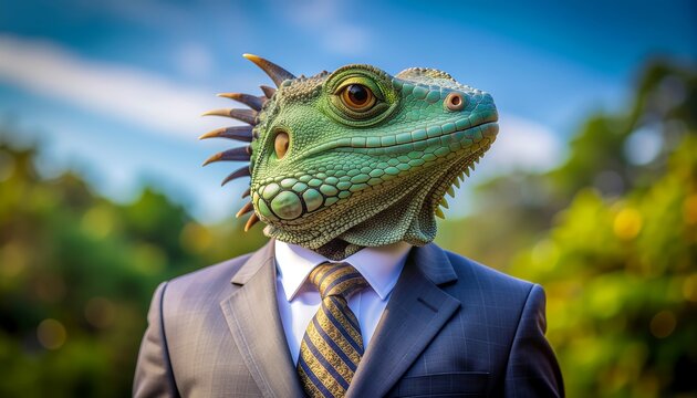 Chameleon in Business Clothes Mixing Professional Animal Portrait AI