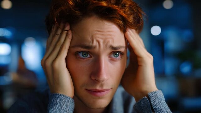 A young man experiences deep emotional distress, gripping his forehead in frustration as he faces an overwhelming situation, highlighting feelings of anxiety and concern.