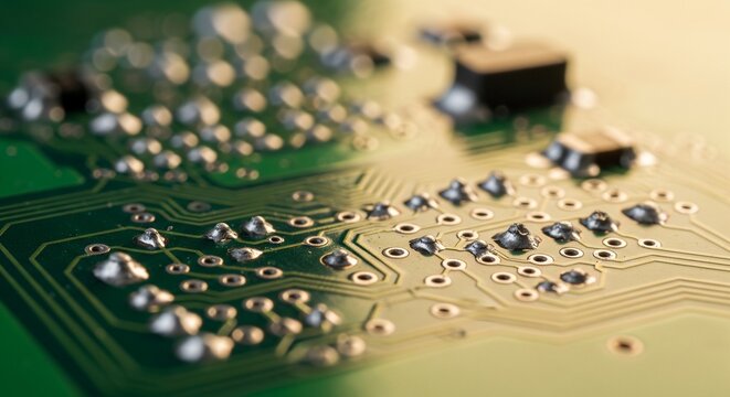 A shallow depth-of-field shot showing various solder joints and small SMD components under warm lighting.