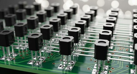 Fototapeta premium A repeating pattern of black electronic components (likely transistors or sensors) mounted on a circuit board with visible traces.