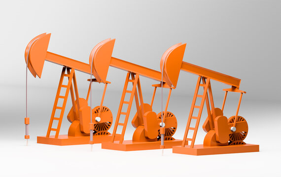 Series of Bright Orange Pumpjack Models Arranged in Rising Pattern Representing Energy Production and Oil Field Operations