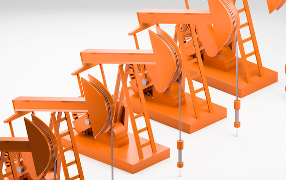 Multiple Orange Oil Pump Jacks in Ascending Formation 3D Render Showing Petroleum Industry Equipment on White Background