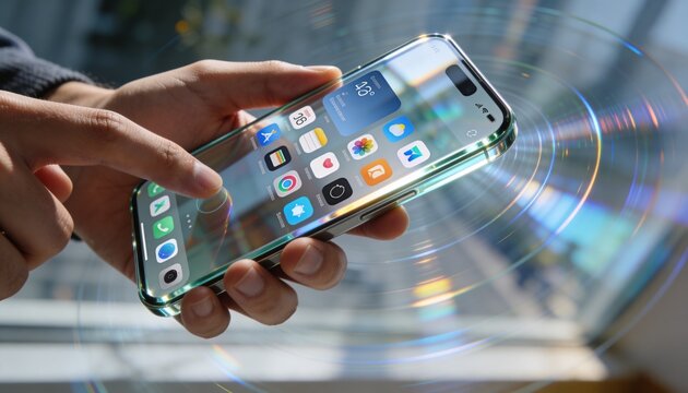 Holding green phone with dark sleeve, left index finger tapping screen by window with ripple rings