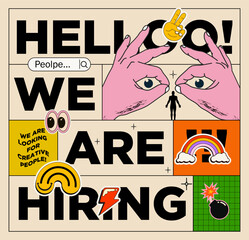Eye-catching hiring poster ad designed to attract creative talent. Featuring bold graphics and playful elements, this illustration communicates your company’s vibrant culture