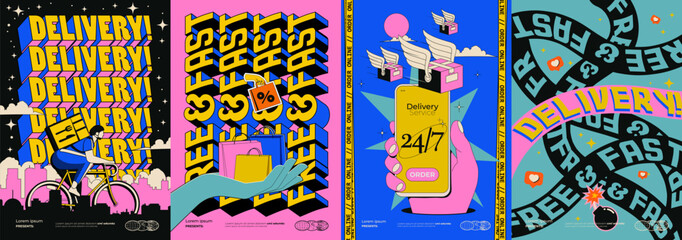Set of bright colored modern styled food delivery service posters or banners for delivery service ad campaign for food order and fast delivery to the door. Vector illustration