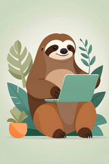 Fototapeta premium Adorable sloth working on laptop surrounded by plants, cozy