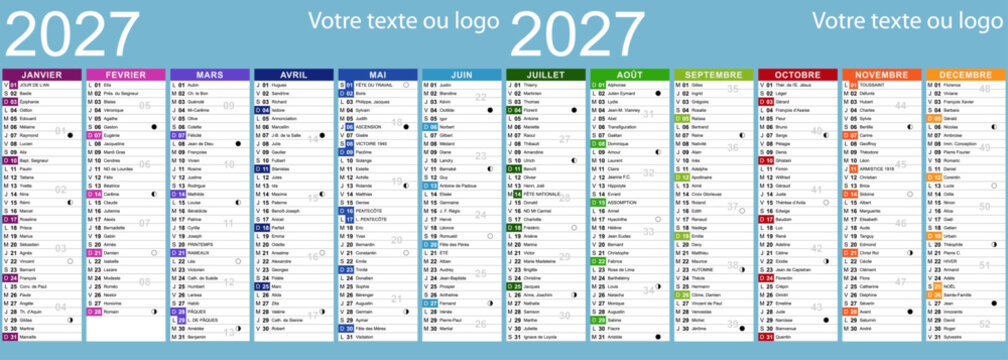 Calendrier 2027 avec saints et &eacute;ph&eacute;m&eacute;rides - Textes vectoris&eacute;s et non vectoris&eacute;s sur calques s&eacute;par&eacute;s