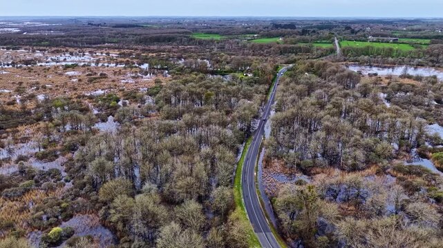 Aerial view of a road in Briere Regional Natural Park wetlands France