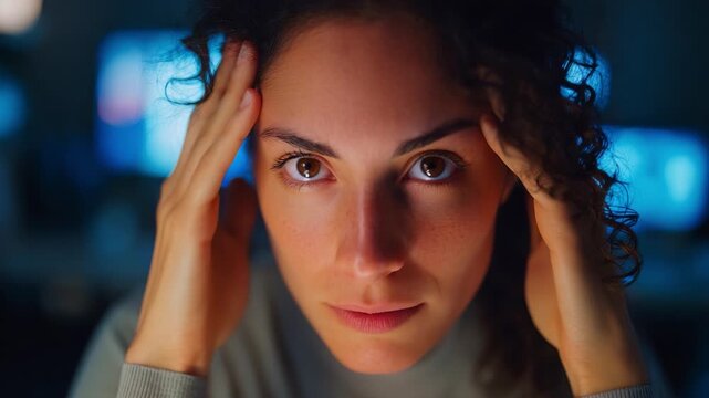 Intense Close-Up of a Woman Displaying Emotional Strain and Fatigue While Working Stressed at a Computer Screen in a Dimly Lit Room