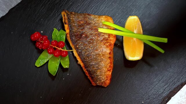 Pumpkin seeds are sprinkled over a pan seared fish fillet on a dark slate plate with lemon and red currants. Gourmet seafood plating with chef finishing touch and elegant presentation.