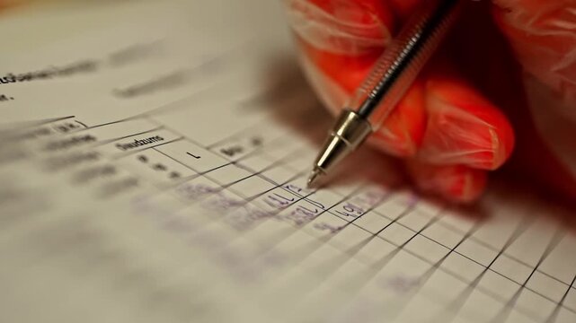 Close up of handwritten data recording on a process control sheet during a business or production workflow. Administrative tracking scene with manual documentation and operational monitoring.