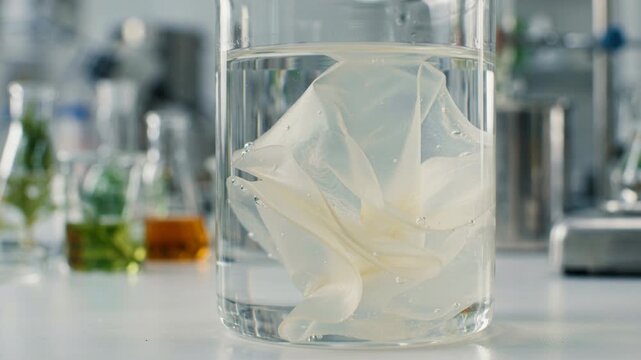 Biodegradable materials green chemistry polymer laboratory sample glass film dissolving clear liquid with bubbles creating soft translucent folds