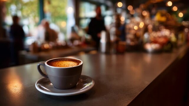 A Warm Cup of Coffee Comfortably Set Against a Cozy Caf&eacute; Background with Blurred Figures and Gentle Lighting Enhancing the Inviting Atmosphere