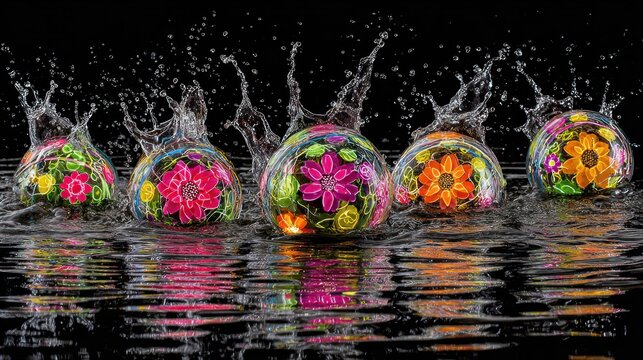 Five illuminated glass spheres with floral designs splash into dark water creating dramatic crowns of liquid