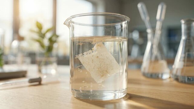 Biodegradable materials green chemistry clear laboratory beaker with suspended polymer fibers floating water paper patch dissolving clear water