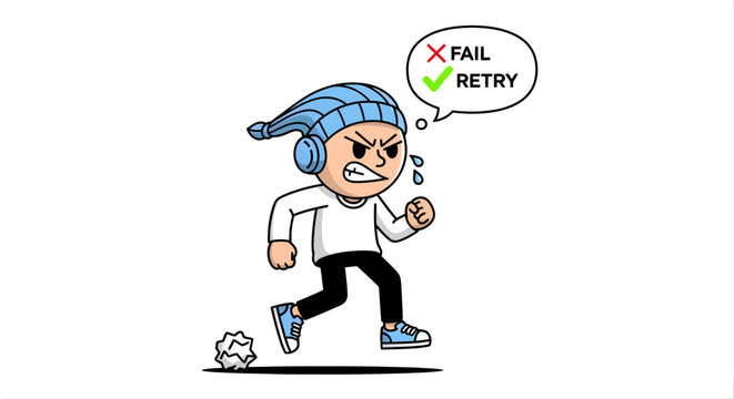 Cartoon character in a winter hat running and showing frustration with fail and retry message concept