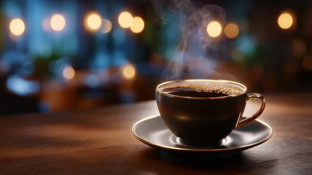 Steaming Cup of Coffee on Wooden Table Surrounded by Warm, Soft Bokeh Lights Creating a Cozy and Inviting Atmosphere for Relaxation and Enjoyment