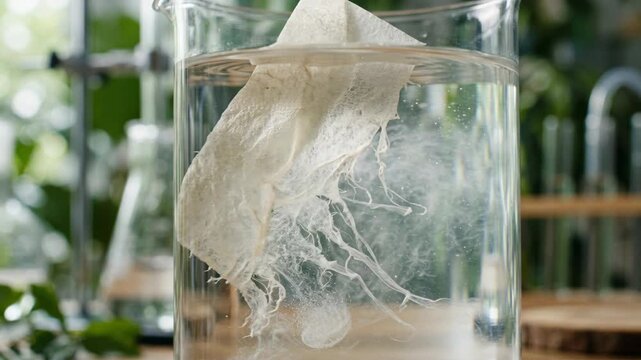 Biodegradable materials green chemistry paper towel fiber dissolving in water releasing gentle white swirls and soft diffusion in green lab setting