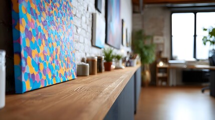 Fototapeta premium A vibrant abstract painting rests on a wooden shelf in a modern loft studio with brick walls and plants