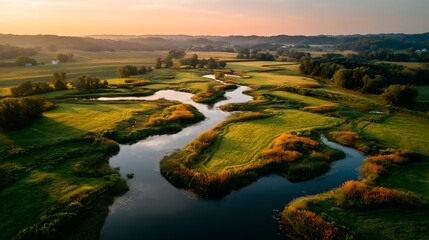 Obraz premium Scenic aerial view of a winding river flowing through a lush green landscape at sunset. The image evokes a sense of tranquility and natural beauty.