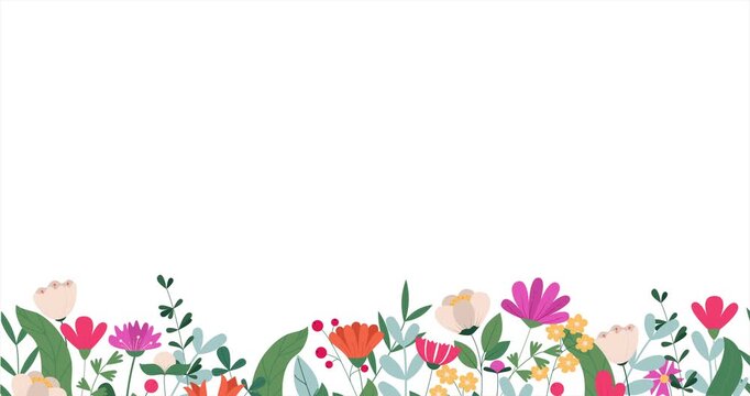 Horizontal seamless banner decorated with blooming flowers and leaves. Spring floral backdrop. Flat 2D animation on white background