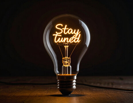 Glühbirne mit einem Glühdraht das aussieht wie das Wort "Stay tuned"