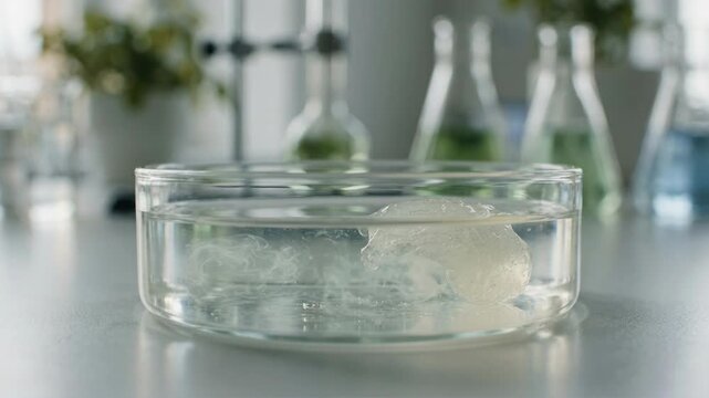 Biodegradable materials green chemistry jellylike hydrogel petri dish dissolving clear liquid releasing swirling cloud of foam laboratory