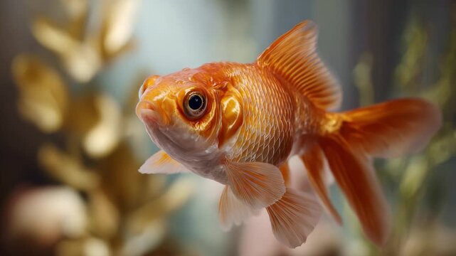 A Vibrant Goldfish Swimming Gracefully in a Beautifully Decorated Aquarium Surrounded by Colorful Plants and Stones, Capturing a Moment of Serenity and Splendor.