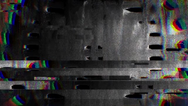 Glitchy distorted video screen display.