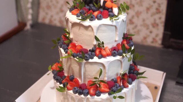 A delightful, lush two-tiered white cake, generously topped and layered with a colorful mix of fresh berries, cherries, and orange physalis