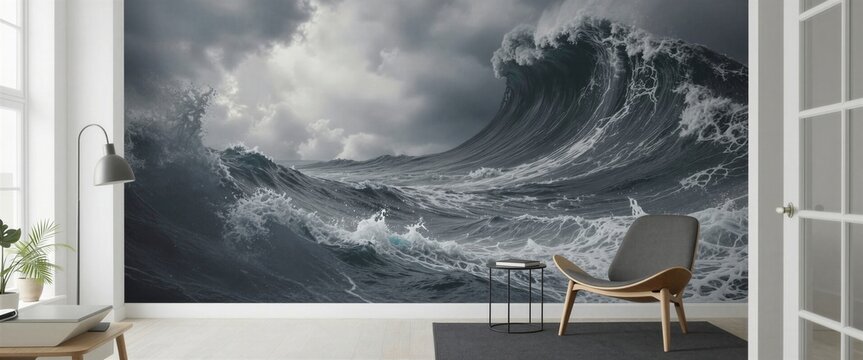 Una ola gigante se eleva sobre el mar embravecido bajo un cielo tormentoso.