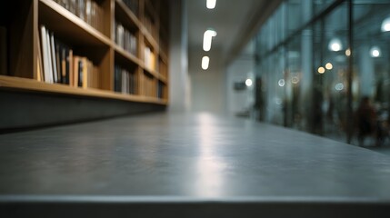 Fototapeta premium A modern library hallway with out of focus elements featuring bookshelves and a long counter in the foreground
