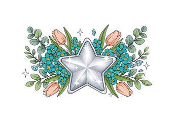Obraz premium Elegant silver star with floral bouquet, decorative botanical arrangement with tulips and forget-me-nots, sparkling celestial vector illustration