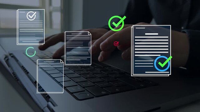 Business productivity checklist and filling survey form.Fast checklist and clipboard task management.Businessman check virtual electronic documents and checklist approve.