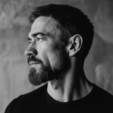 Retrato en blanco y negro de un hombre con barba, perfilado contra una pared de ladrillo.