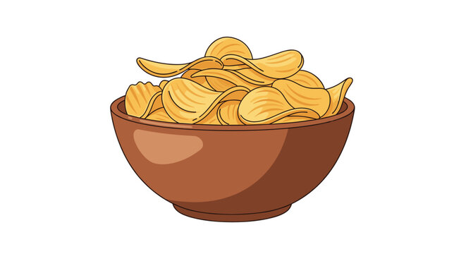 A brown bowl is overflowing with golden, crinkle-cut potato chips on a plain white background.