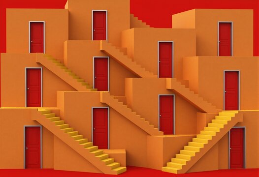 Una representaci?n surrealista de escaleras y puertas en tonos naranja y amarillo sobre un fondo rojo.