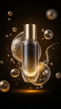 Eleganter schwarzer Kosmetikflakon mit goldener Kappe ist umgeben von leuchtenden goldenen und transparenten Blasen auf dunklem Hintergrund &ndash; Premiumprodukt
