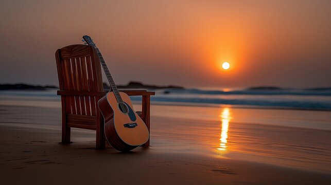 Akustikgitarre lehnt an einem roten Holzstuhl auf einem Sandstrand bei romantisch-warmen Sonnenuntergang &uuml;ber dem Meer &ndash; Musik, Urlaub und Entspannung