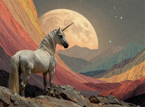 Un unicornio blanco se alza sobre un promontorio rocoso bajo la luz de una luna llena en un paisaje alien?gena.