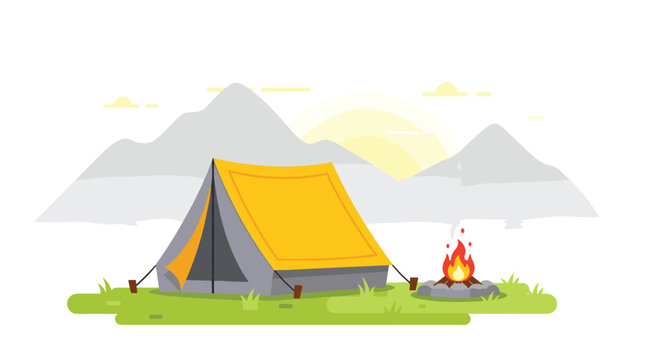 A yellow camping tent is pitched on green grass with a campfire in front, set against mountains and a rising sun.