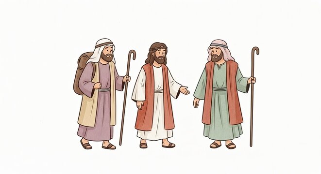 Jesus and two disciples walking and talking. Biblical story of the Road to Emmaus illustration. Christian faith concept