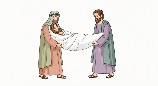Nicodemus and Joseph of Arimathea carrying the body of Jesus wrapped in a white shroud. Biblical story of the burial