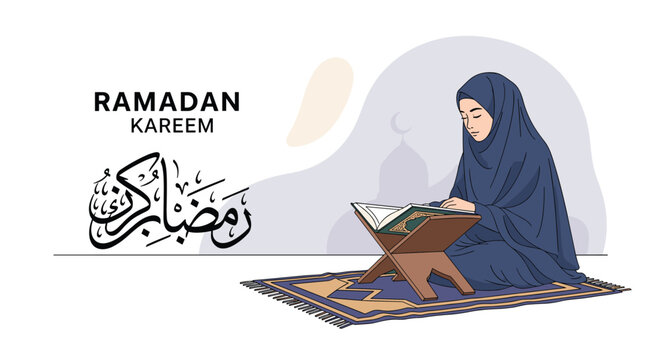 Young muslim woman wearing a hijab reads the quran while sitting on a prayer mat during the holy month of ramadan.
