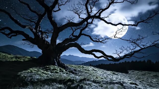 Silhouette of a large gnarled tree with twisted leafless branches on a grassy hill under a bright full moon and starry night sky with mountains and forest in the background.