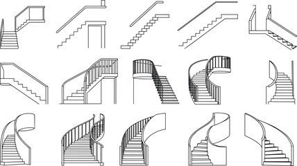 Flat vector staircase designs collection, spiral straight L-shaped U-shaped illustration © Shahin