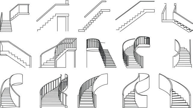 Flat vector staircase designs collection, spiral straight L-shaped U-shaped illustration