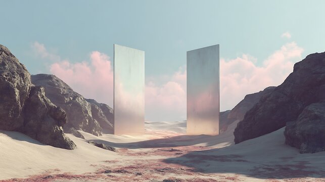 Two tall reflective rectangular monoliths standing in a sandy desert landscape under pastel