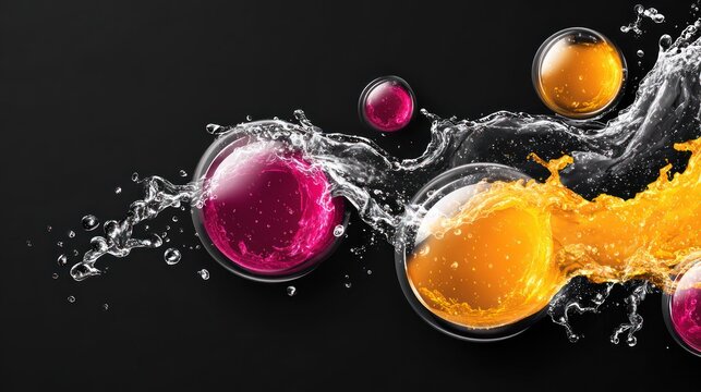 Brightly colored liquids explode from transparent spheres amidst dynamic water splashes on a dark background