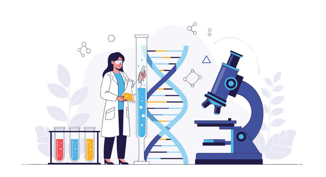 Female scientist in a white coat conducting research in a biological laboratory with a large microscope and a dna double helix model.